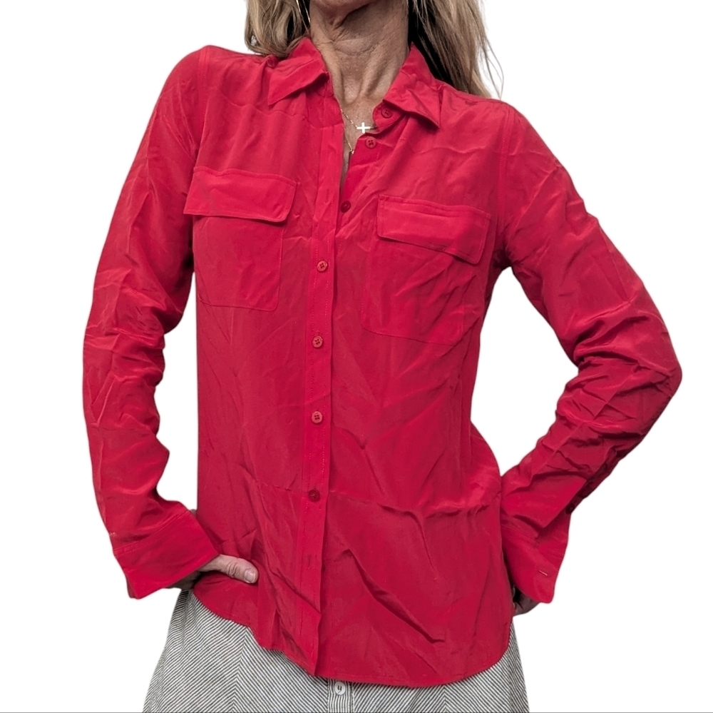 Antonio Melani 100% Silk Red Button Front Utility Blouse Shirt XS